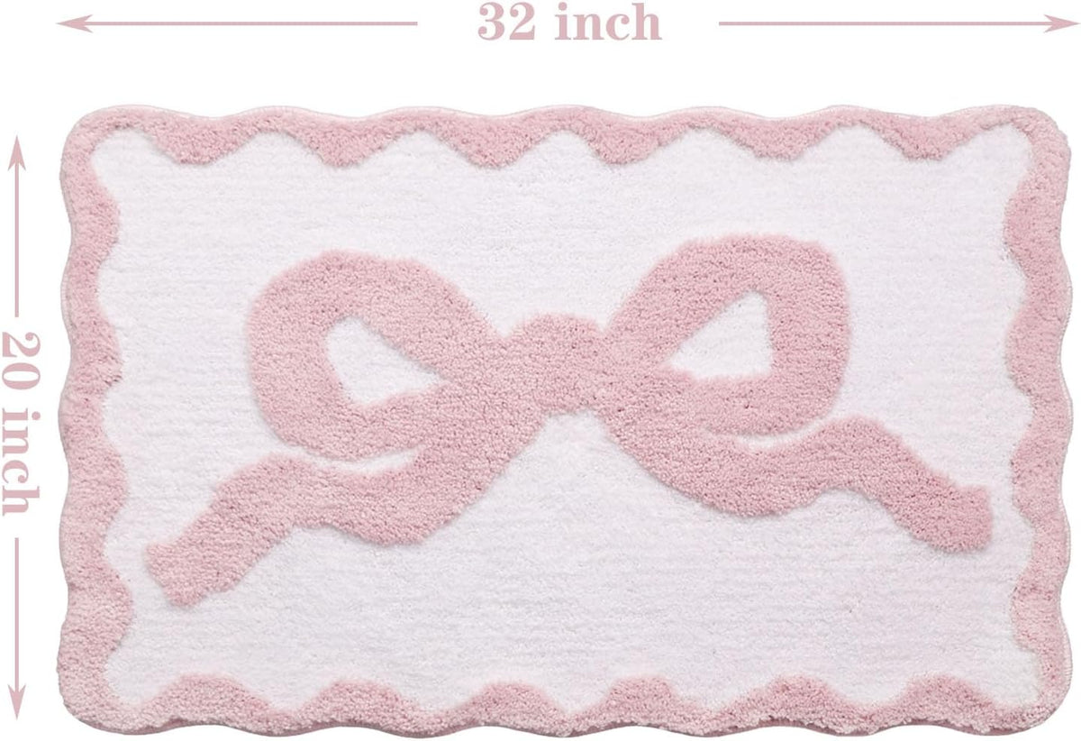 Pink Bow Bath Mat for Bathroom 20"x32", Cute Preppy Rugs with Scalloped Edges, Soft Microfiber, Ultra Absorbent, Non-Slip, Aesthetic Coquette Room Decor for Vanity, Shower, Bedroom, Sink Area