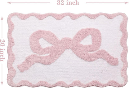 Pink Bow Bath Mat for Bathroom 20"x32", Cute Preppy Rugs with Scalloped Edges, Soft Microfiber, Ultra Absorbent, Non-Slip, Aesthetic Coquette Room Decor for Vanity, Shower, Bedroom, Sink Area