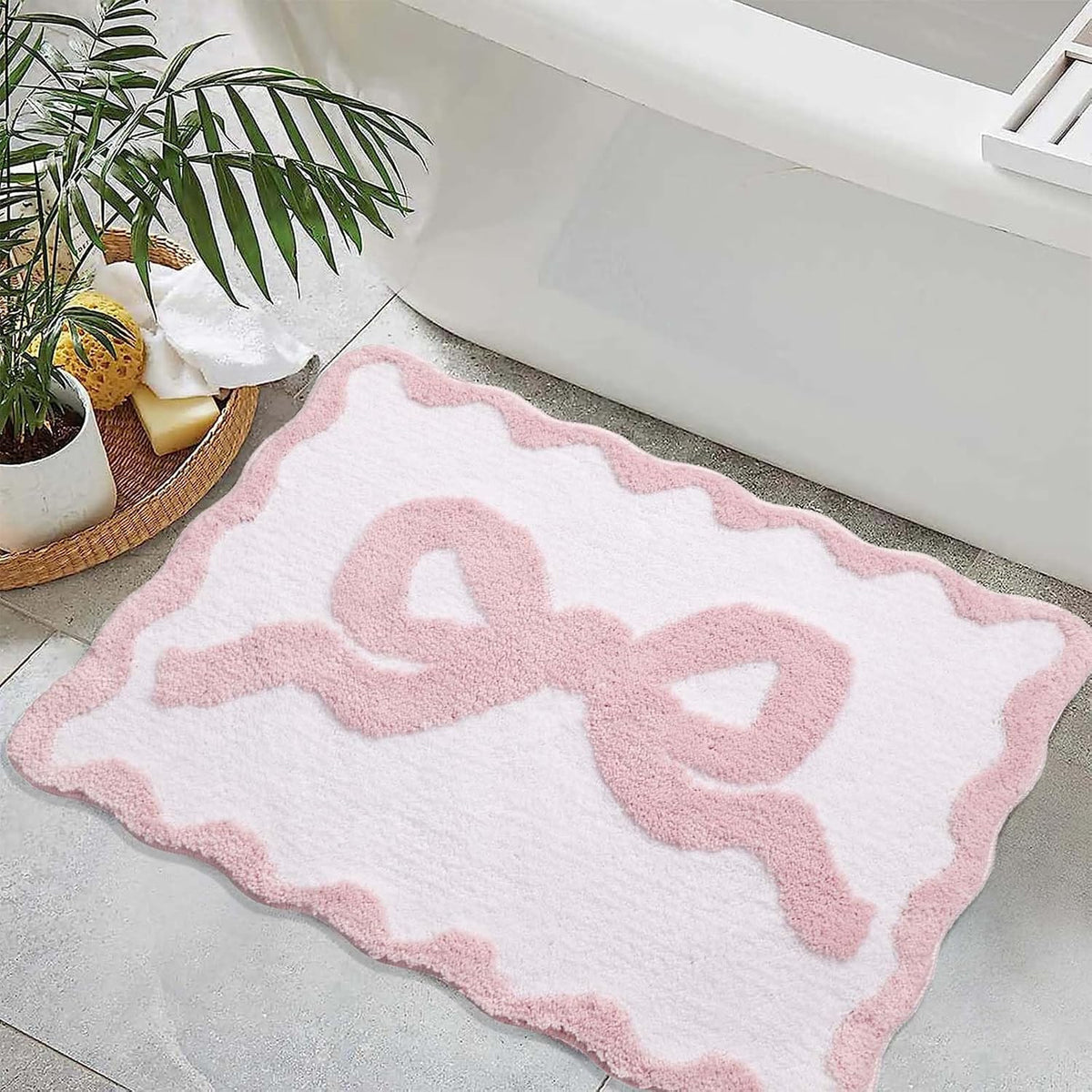 Pink Bow Bath Mat for Bathroom 20"x32", Cute Preppy Rugs with Scalloped Edges, Soft Microfiber, Ultra Absorbent, Non-Slip, Aesthetic Coquette Room Decor for Vanity, Shower, Bedroom, Sink Area