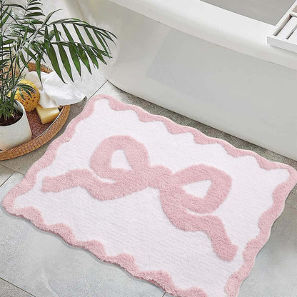 Pink Bow Bath Mat for Bathroom 20"x32", Cute Preppy Rugs with Scalloped Edges, Soft Microfiber, Ultra Absorbent, Non-Slip, Aesthetic Coquette Room Decor for Vanity, Shower, Bedroom, Sink Area