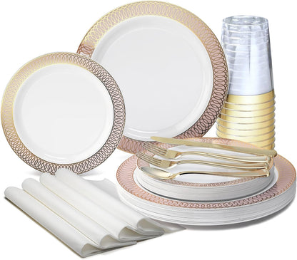 " OCCASIONS " 200pcs set (25 Guests)-Wedding Party Disposable Plastic Plates & cutlery -25 x 10'' + 25 x 7.5'' + Silverware + Cups + Napkins (Venice in White/Blush/Peach & Gold)