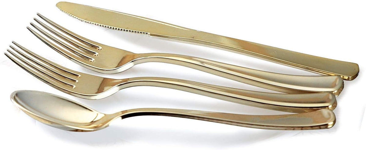 " OCCASIONS " 200pcs set (25 Guests)-Wedding Party Disposable Plastic Plates & cutlery -25 x 10'' + 25 x 7.5'' + Silverware + Cups + Napkins (Venice in White/Blush/Peach & Gold)