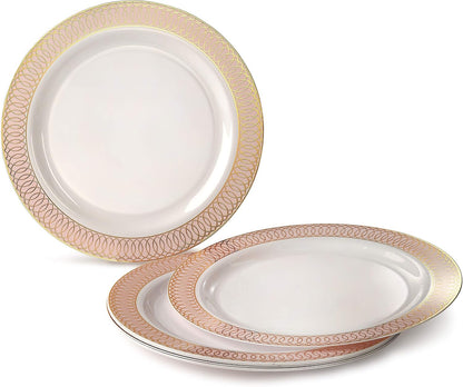 " OCCASIONS " 200pcs set (25 Guests)-Wedding Party Disposable Plastic Plates & cutlery -25 x 10'' + 25 x 7.5'' + Silverware + Cups + Napkins (Venice in White/Blush/Peach & Gold)