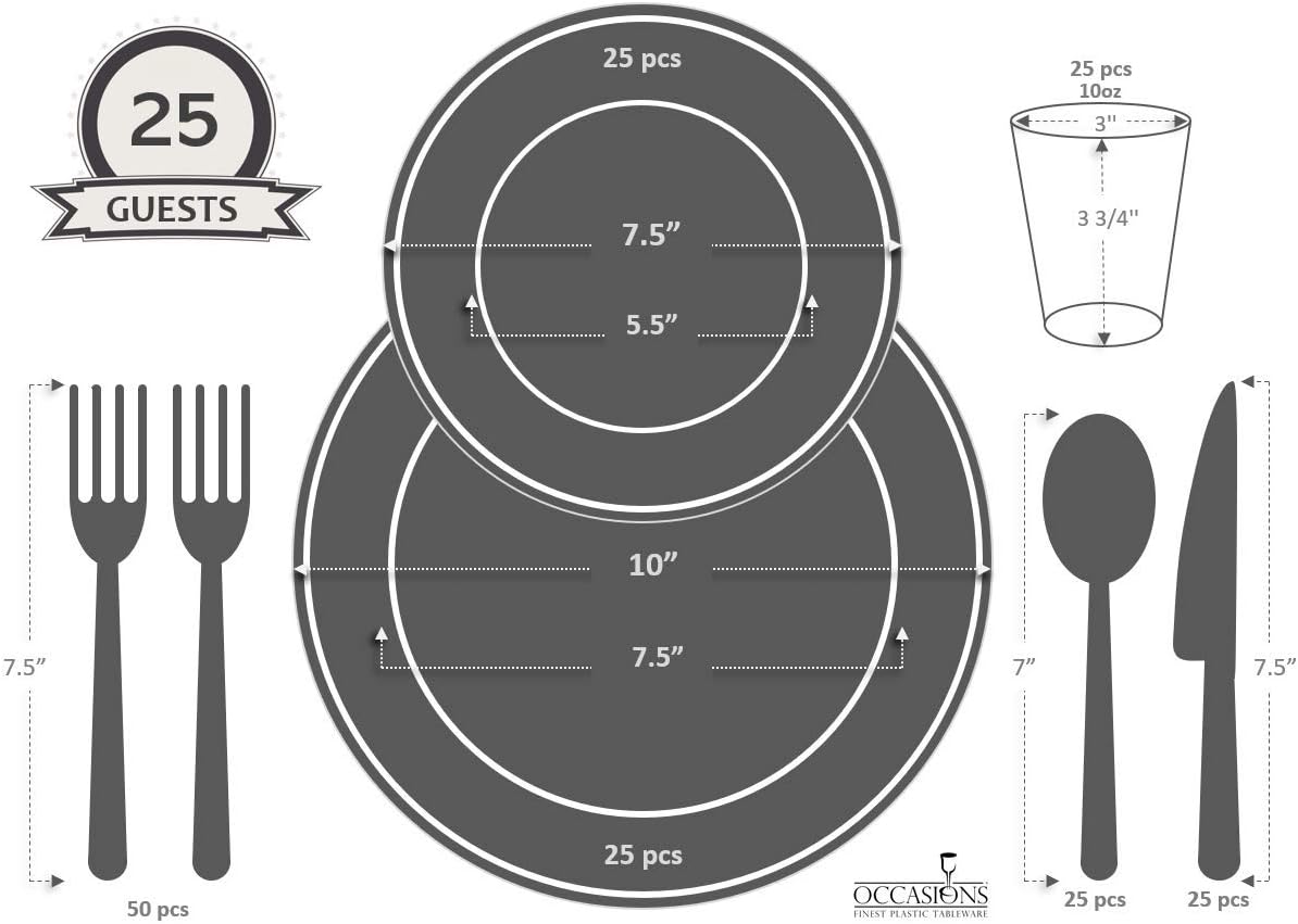 " OCCASIONS " 200pcs set (25 Guests)-Wedding Party Disposable Plastic Plates & cutlery -25 x 10'' + 25 x 7.5'' + Silverware + Cups + Napkins (Venice in White/Blush/Peach & Gold)