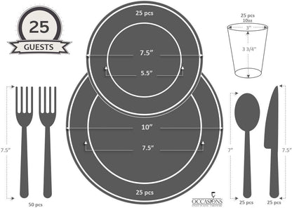 " OCCASIONS " 200pcs set (25 Guests)-Wedding Party Disposable Plastic Plates & cutlery -25 x 10'' + 25 x 7.5'' + Silverware + Cups + Napkins (Venice in White/Blush/Peach & Gold)