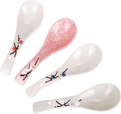 Set of 4 Chinese/Japanese Ceramic Soup Spoons, Pink Cherry Blossom in Snow Pattern Ceramic Spoon Suitable for Soup