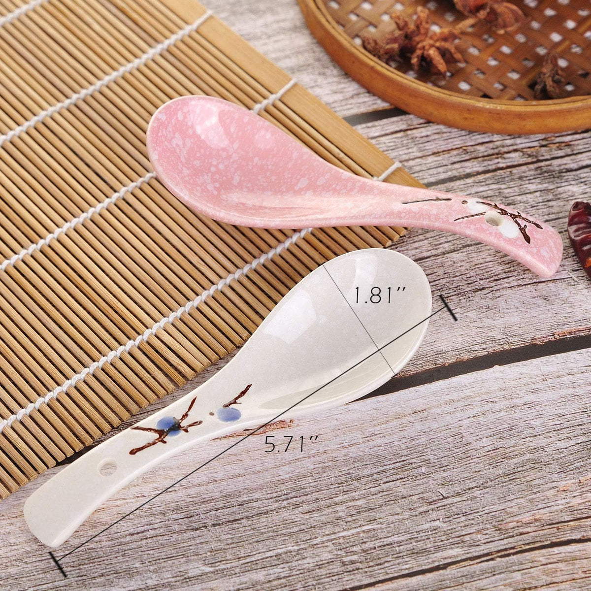 Set of 4 Chinese/Japanese Ceramic Soup Spoons, Pink Cherry Blossom in Snow Pattern Ceramic Spoon Suitable for Soup
