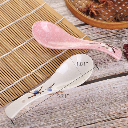 Set of 4 Chinese/Japanese Ceramic Soup Spoons, Pink Cherry Blossom in Snow Pattern Ceramic Spoon Suitable for Soup