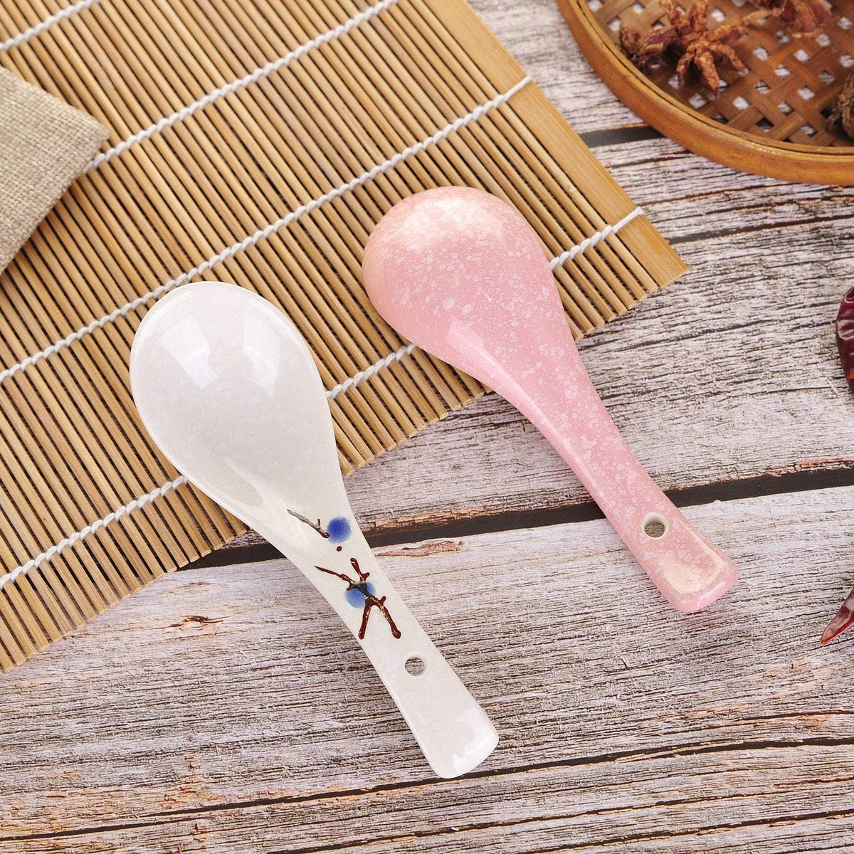 Set of 4 Chinese/Japanese Ceramic Soup Spoons, Pink Cherry Blossom in Snow Pattern Ceramic Spoon Suitable for Soup