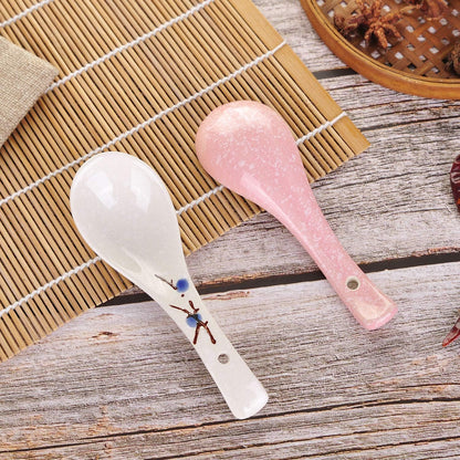 Set of 4 Chinese/Japanese Ceramic Soup Spoons, Pink Cherry Blossom in Snow Pattern Ceramic Spoon Suitable for Soup