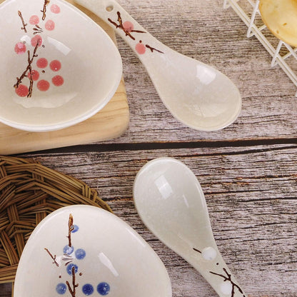 Set of 4 Chinese/Japanese Ceramic Soup Spoons, Pink Cherry Blossom in Snow Pattern Ceramic Spoon Suitable for Soup