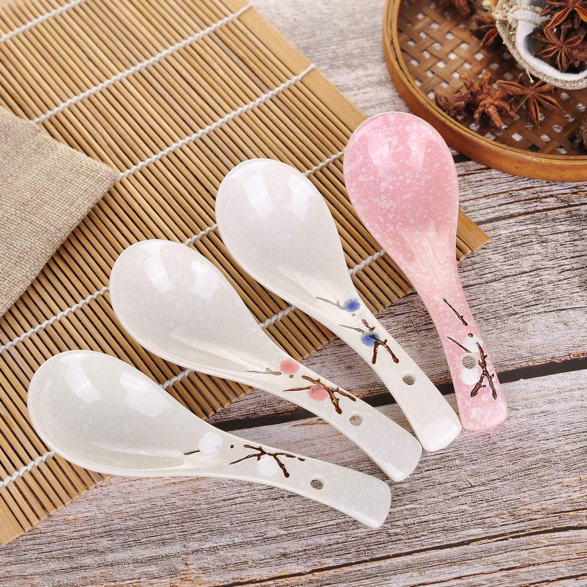 Set of 4 Chinese/Japanese Ceramic Soup Spoons, Pink Cherry Blossom in Snow Pattern Ceramic Spoon Suitable for Soup
