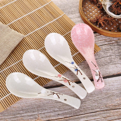 Set of 4 Chinese/Japanese Ceramic Soup Spoons, Pink Cherry Blossom in Snow Pattern Ceramic Spoon Suitable for Soup