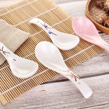 Set of 4 Chinese/Japanese Ceramic Soup Spoons, Pink Cherry Blossom in Snow Pattern Ceramic Spoon Suitable for Soup