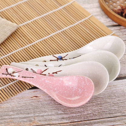 Set of 4 Chinese/Japanese Ceramic Soup Spoons, Pink Cherry Blossom in Snow Pattern Ceramic Spoon Suitable for Soup