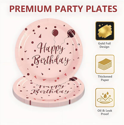 50PCS Happy Birthday Paper Plates and Napkins, 7inch Pink and Gold Polka Dot Cake Dessert Plates Disposable Tableware Set for Girls Women Birthday Party Decorations (Birthday Pink)