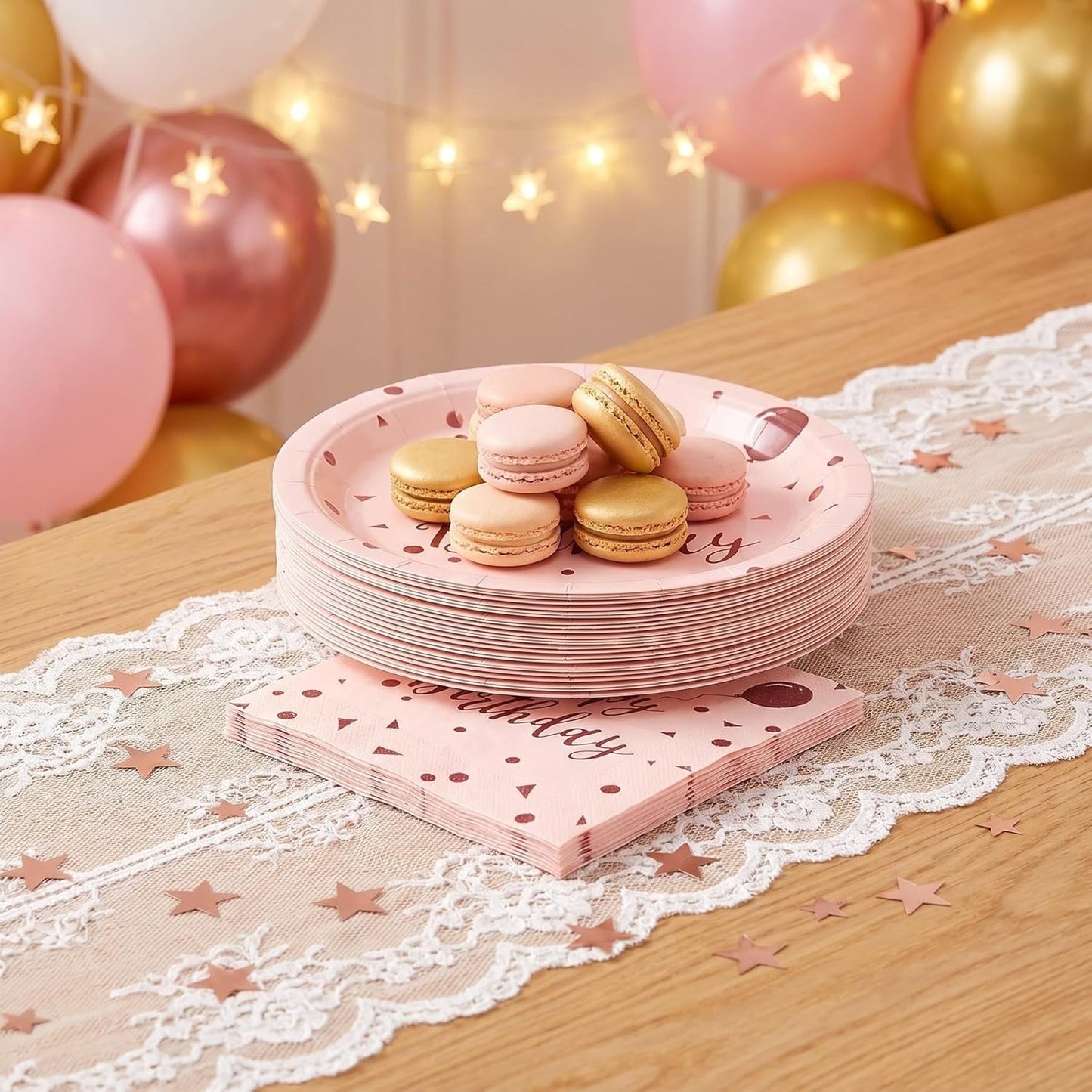 50PCS Happy Birthday Paper Plates and Napkins, 7inch Pink and Gold Polka Dot Cake Dessert Plates Disposable Tableware Set for Girls Women Birthday Party Decorations (Birthday Pink)