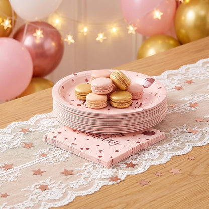 50PCS Happy Birthday Paper Plates and Napkins, 7inch Pink and Gold Polka Dot Cake Dessert Plates Disposable Tableware Set for Girls Women Birthday Party Decorations (Birthday Pink)