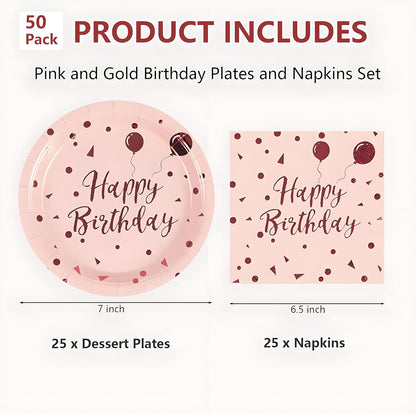 50PCS Happy Birthday Paper Plates and Napkins, 7inch Pink and Gold Polka Dot Cake Dessert Plates Disposable Tableware Set for Girls Women Birthday Party Decorations (Birthday Pink)