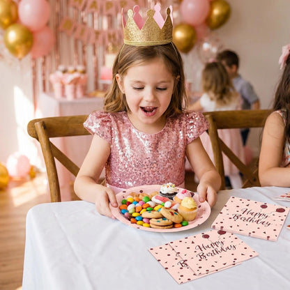 50PCS Happy Birthday Paper Plates and Napkins, 7inch Pink and Gold Polka Dot Cake Dessert Plates Disposable Tableware Set for Girls Women Birthday Party Decorations (Birthday Pink)