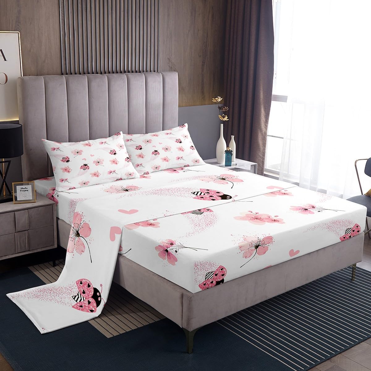 Pink Ladybug Bed Sheet Queen Set Peach Blossom Sheets Sets Adults Bedroom Decor Gradient Glitter Diamonds Microfiber Bedding Set with Flat,Fitted Sheet,2 Pillow Cases