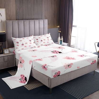 Pink Ladybug Bed Sheet Queen Set Peach Blossom Sheets Sets Adults Bedroom Decor Gradient Glitter Diamonds Microfiber Bedding Set with Flat,Fitted Sheet,2 Pillow Cases