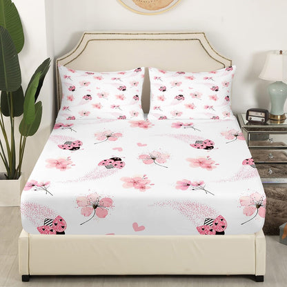 Pink Ladybug Bed Sheet Queen Set Peach Blossom Sheets Sets Adults Bedroom Decor Gradient Glitter Diamonds Microfiber Bedding Set with Flat,Fitted Sheet,2 Pillow Cases