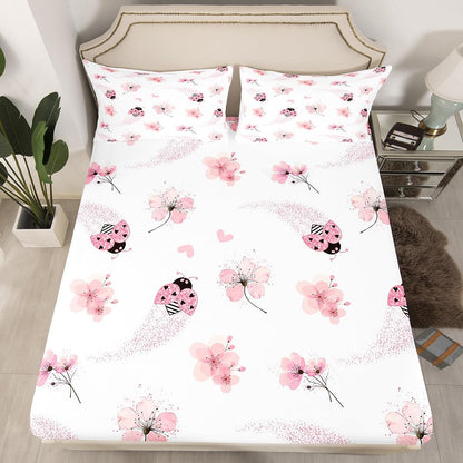 Pink Ladybug Bed Sheet Queen Set Peach Blossom Sheets Sets Adults Bedroom Decor Gradient Glitter Diamonds Microfiber Bedding Set with Flat,Fitted Sheet,2 Pillow Cases