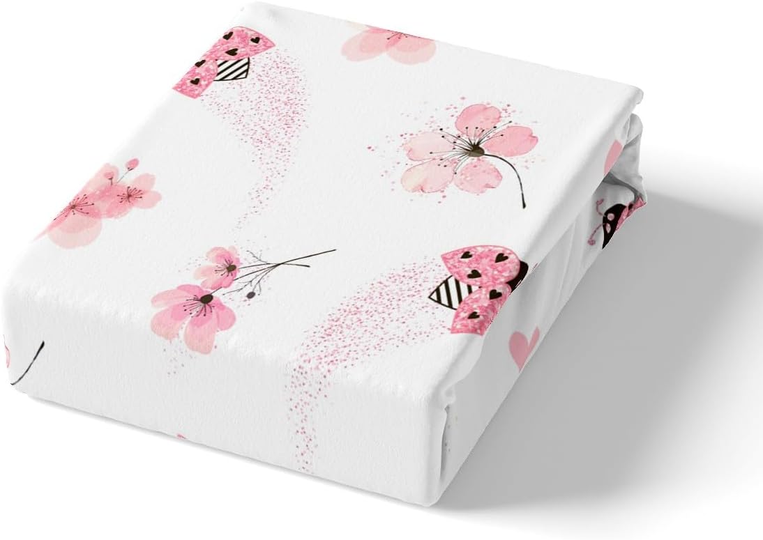 Pink Ladybug Bed Sheet Queen Set Peach Blossom Sheets Sets Adults Bedroom Decor Gradient Glitter Diamonds Microfiber Bedding Set with Flat,Fitted Sheet,2 Pillow Cases