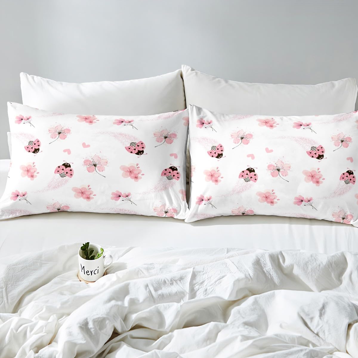 Pink Ladybug Bed Sheet Queen Set Peach Blossom Sheets Sets Adults Bedroom Decor Gradient Glitter Diamonds Microfiber Bedding Set with Flat,Fitted Sheet,2 Pillow Cases