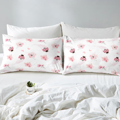 Pink Ladybug Bed Sheet Queen Set Peach Blossom Sheets Sets Adults Bedroom Decor Gradient Glitter Diamonds Microfiber Bedding Set with Flat,Fitted Sheet,2 Pillow Cases