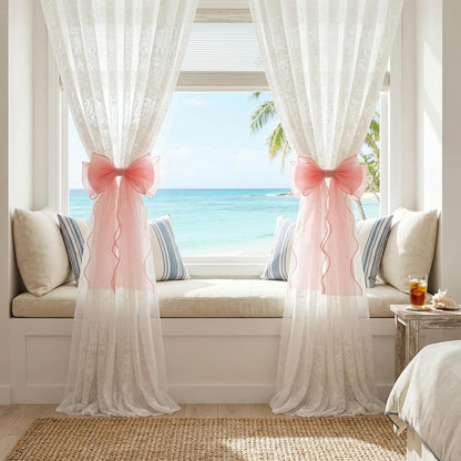 2 Pack Pink Curtain Tiebacks - French Silky Bow Curtain Tiebacks for Sheer Drapes Home Décor - Curtains Ties