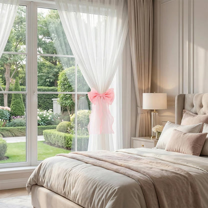 2 Pack Pink Curtain Tiebacks - French Silky Bow Curtain Tiebacks for Sheer Drapes Home Décor - Curtains Ties
