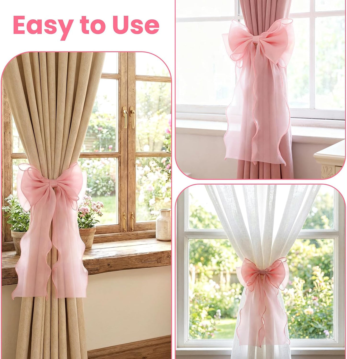 2 Pack Pink Curtain Tiebacks - French Silky Bow Curtain Tiebacks for Sheer Drapes Home Décor - Curtains Ties