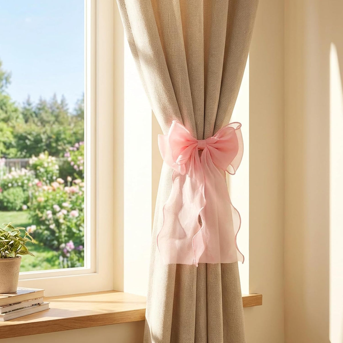 2 Pack Pink Curtain Tiebacks - French Silky Bow Curtain Tiebacks for Sheer Drapes Home Décor - Curtains Ties
