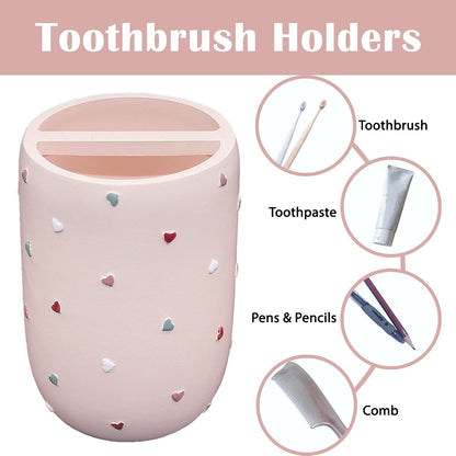 Bathroom Accessories Sets 4-Piece, Premium Pastel Heart Bathroom Accessory Complete Set - Toothbrush Holder, Lotion Soap Dispenser, Vanity Tray, Bathroom Tumbler for Countertop Vanity (Pink)