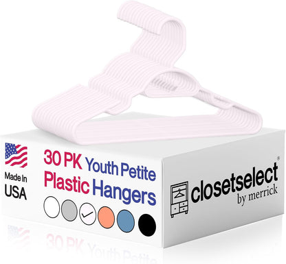Youth Petite Hangers 30 Pack - 13 Inch Plastic Petite & Preteen Hangers for Closet, Good for Children Sizes 4 to 10, Non-Slip Infant Hangers with Shoulder Grooves | Pink