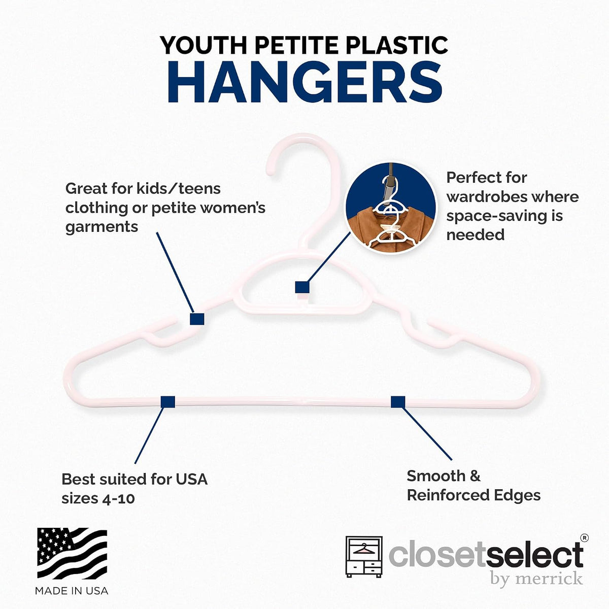 Youth Petite Hangers 30 Pack - 13 Inch Plastic Petite & Preteen Hangers for Closet, Good for Children Sizes 4 to 10, Non-Slip Infant Hangers with Shoulder Grooves | Pink