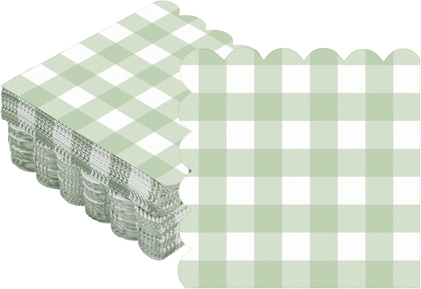 Seajan 100 Pcs Sage Green Gingham Cocktail Napkins Disposable 5x5 Inch Scalloped Edge Plaid Paper Napkins Checkered for Wedding Birthday Party Dinner Holiday Decorations