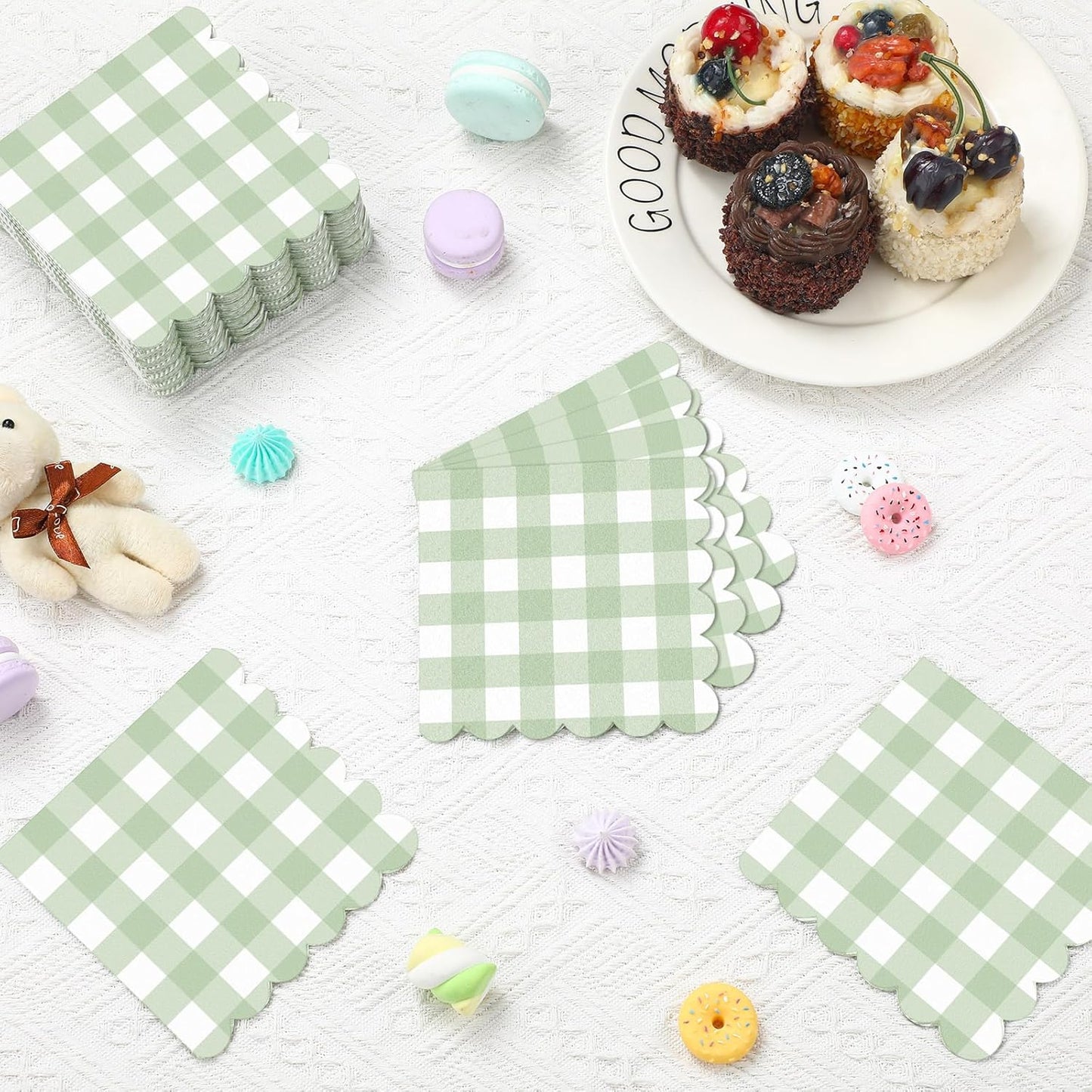 Seajan 100 Pcs Sage Green Gingham Cocktail Napkins Disposable 5x5 Inch Scalloped Edge Plaid Paper Napkins Checkered for Wedding Birthday Party Dinner Holiday Decorations