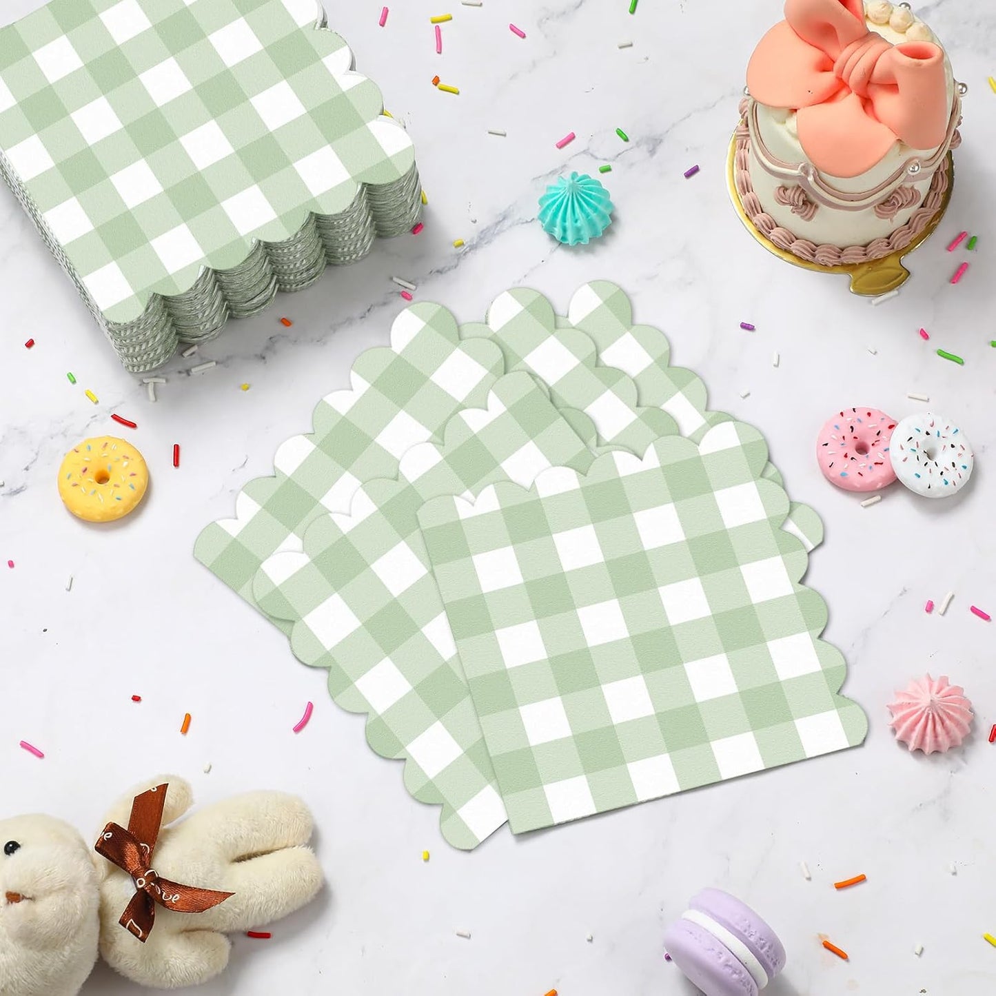 Seajan 100 Pcs Sage Green Gingham Cocktail Napkins Disposable 5x5 Inch Scalloped Edge Plaid Paper Napkins Checkered for Wedding Birthday Party Dinner Holiday Decorations
