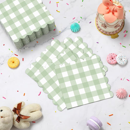 Seajan 100 Pcs Sage Green Gingham Cocktail Napkins Disposable 5x5 Inch Scalloped Edge Plaid Paper Napkins Checkered for Wedding Birthday Party Dinner Holiday Decorations