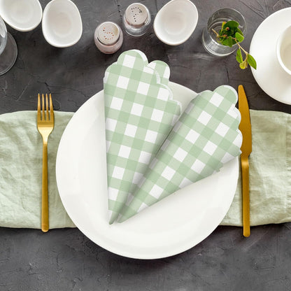 Seajan 100 Pcs Sage Green Gingham Cocktail Napkins Disposable 5x5 Inch Scalloped Edge Plaid Paper Napkins Checkered for Wedding Birthday Party Dinner Holiday Decorations