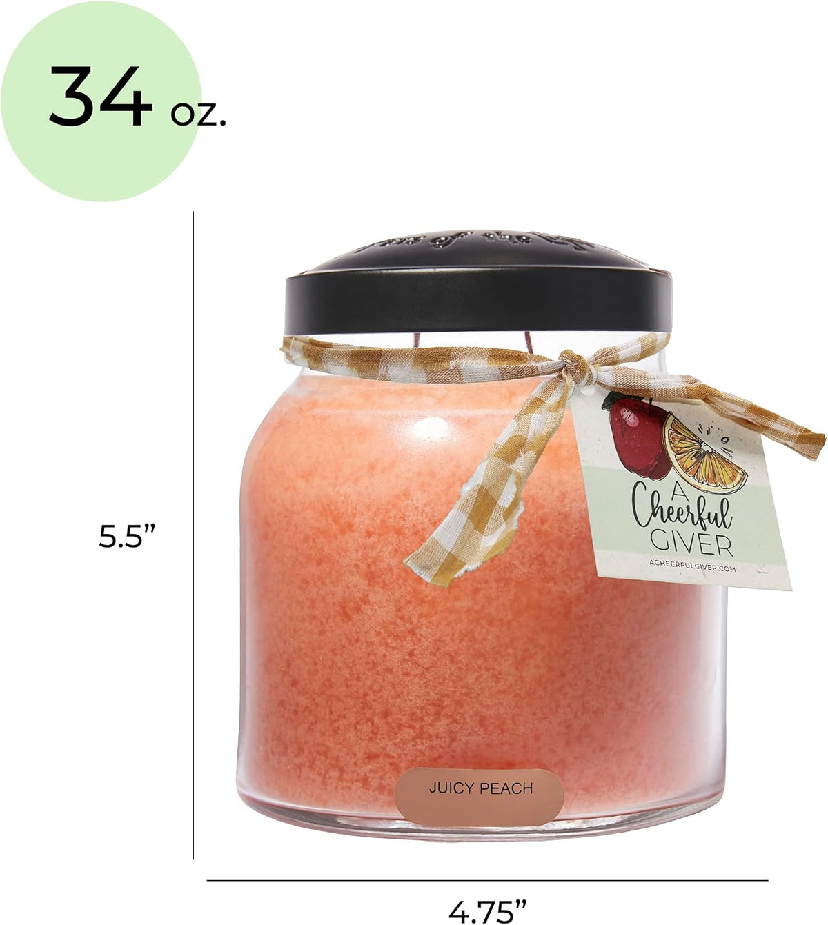 Juicy Peach Papa Scented Glass Jar Candle (34oz) with Lid & True to Life Fragrance Made in USA