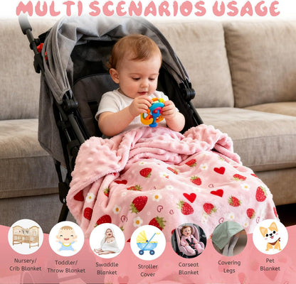 Strawberry Pink Baby Blanket - 30x40 Soft Breathable Dotted Backing