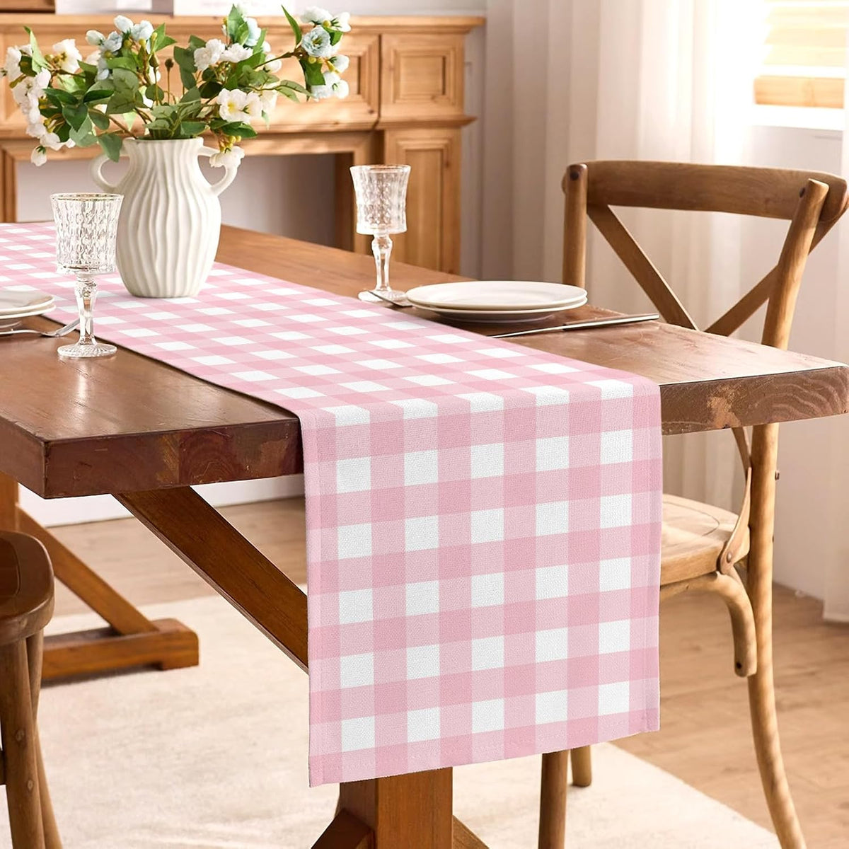 Cowgirl Pink Gingham Party Supplies Light Pink and White Checkered Table Runner Easter Baby Shower BBQ Picnic Home Kitchen Island Decor