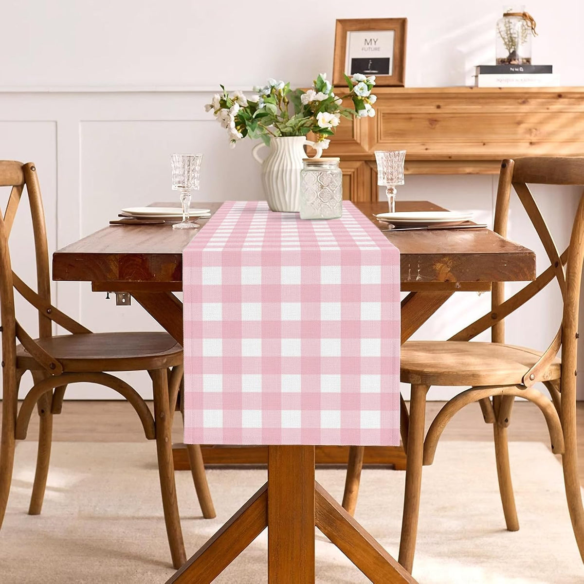 Cowgirl Pink Gingham Party Supplies Light Pink and White Checkered Table Runner Easter Baby Shower BBQ Picnic Home Kitchen Island Decor