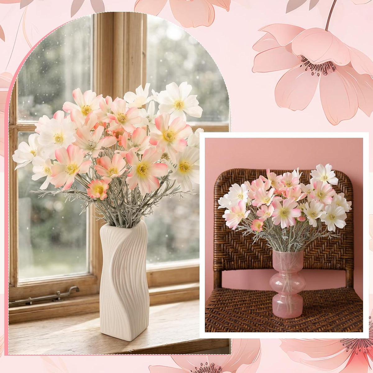 6 Pcs 23.6 Inch Pink White Artificial Flowers Cosmos for Vase