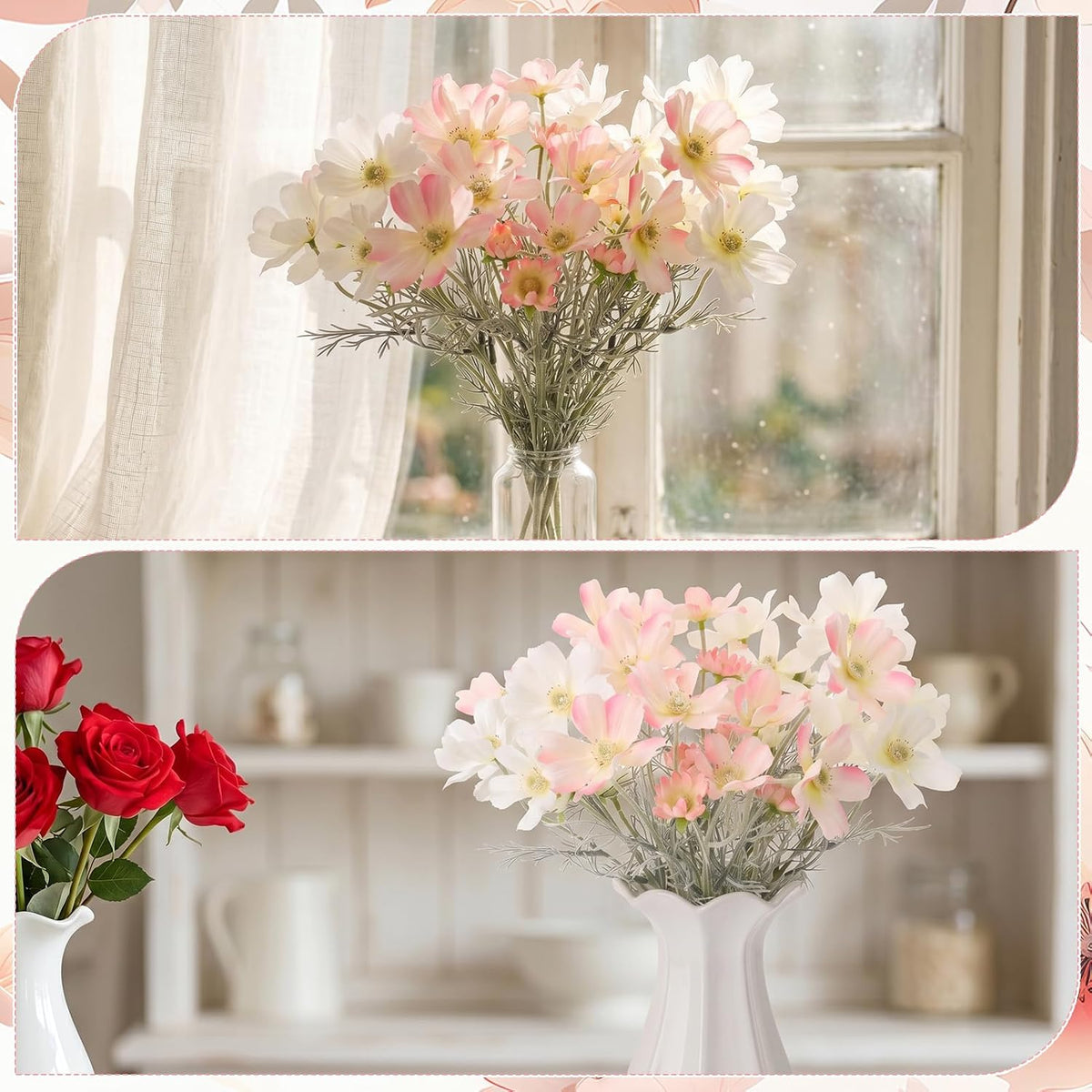 6 Pcs 23.6 Inch Pink White Artificial Flowers Cosmos for Vase