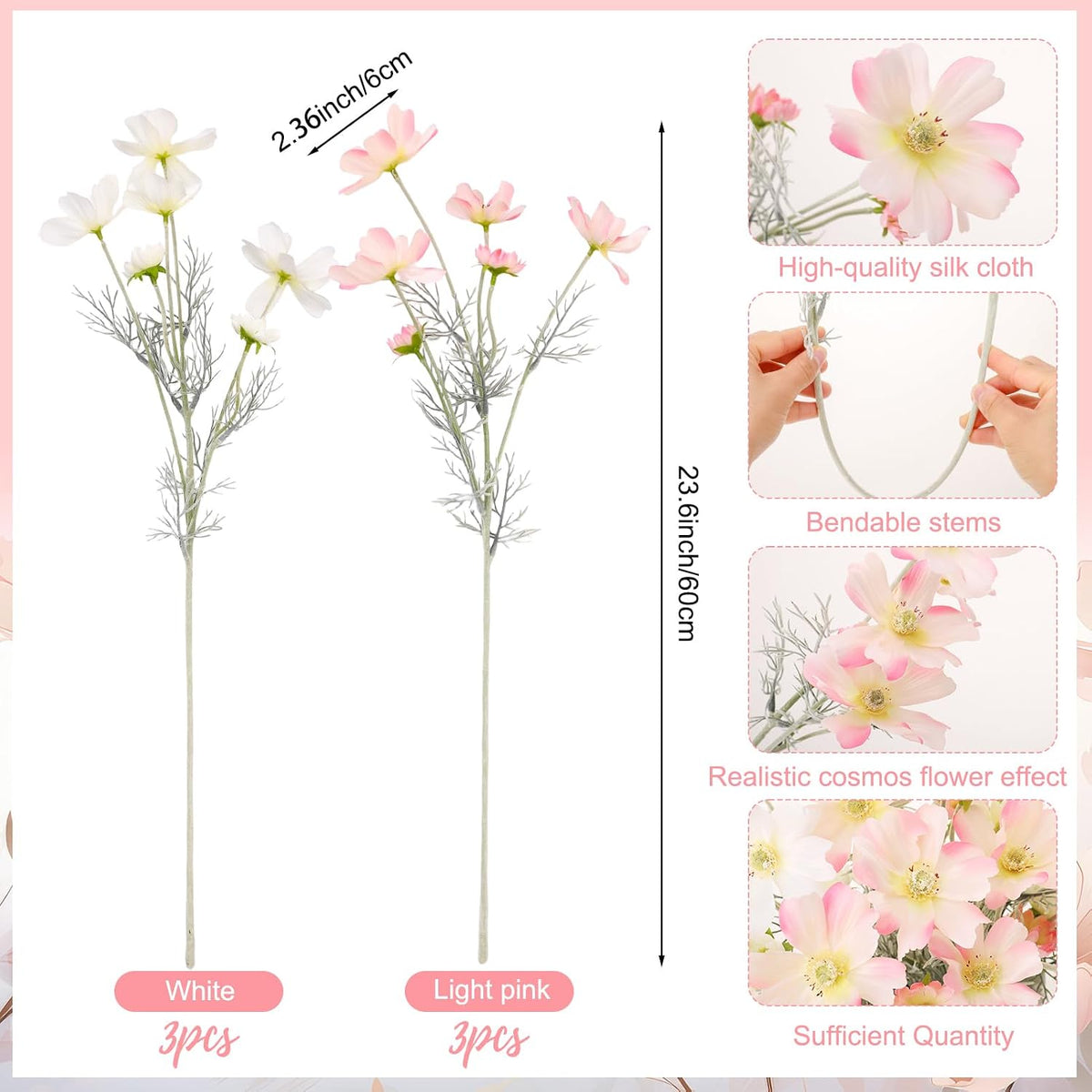6 Pcs 23.6 Inch Pink White Artificial Flowers Cosmos for Vase